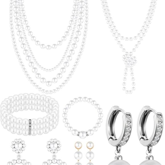 Jewelry - 8 Pcs Faux Pearl Jewelry Set include Necklace Earrings Bracelets Women Gift